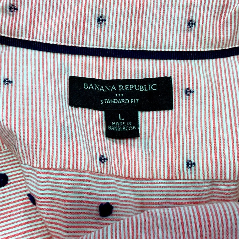 Banana Republic Mens Short Sleeve‎ Shirt Red White Striped Micro Anchor Print L